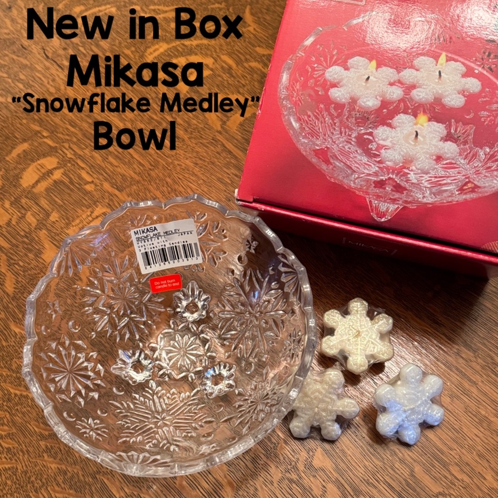 NEW IN BOX-Mikasa “Snowflake Medley” Glass Crystal Bowl with Candles
